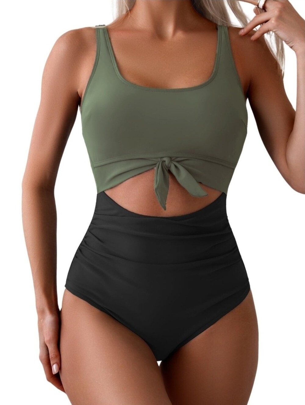 Olive & Black Tie-Front One-Piece Swim Suit - Women Swim